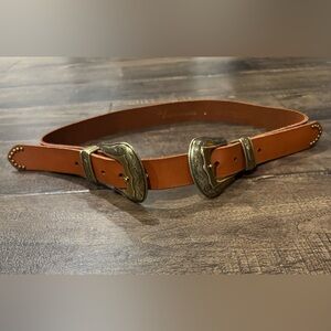 Double bronze buckle western Leather Belt